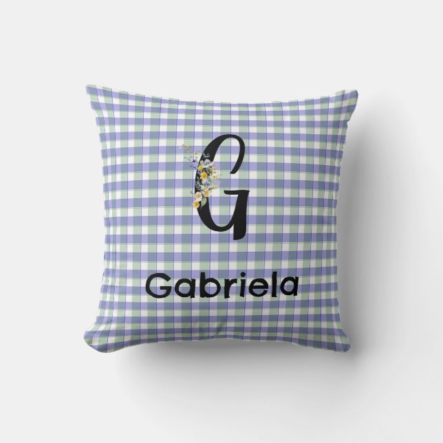 Monogram blomster gingham blågrön mönster kudde (Framsida)