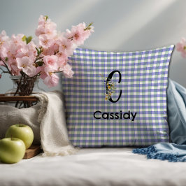 Monogram blomster gingham blågrön mönster kudde