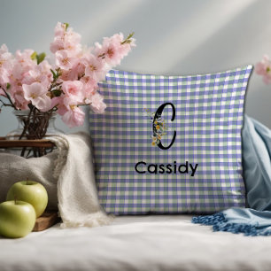 Monogram blomster gingham blågrön mönster kudde