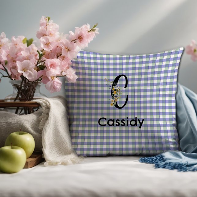 Monogram blomster gingham blågrön mönster kudde (Skapare uppladdad)