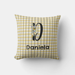 Monogram blomster retro gingham blå grå kudde