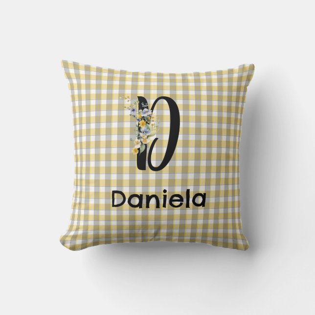 Monogram blomster retro gingham blå grå  kudde (Framsida)