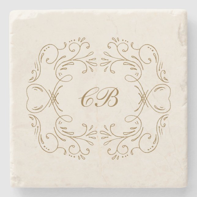 Monogram blomsterkrans guld bröllopssouvenir stenunderlägg (Framsidan)