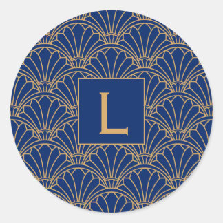Monogram Blue and Guld Art Deco Fläkt Flowers Moti Runt Klistermärke