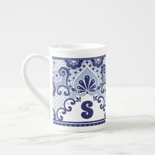 Monogram Blue and White Mexican Talavera Tile Benporslin Mugg