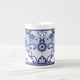 Monogram Blue and White Mexican Talavera Tile Bone Benporslin Mugg