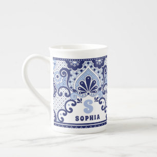 Monogram Blue and White Mexican Talavera Tile Bone Benporslin Mugg