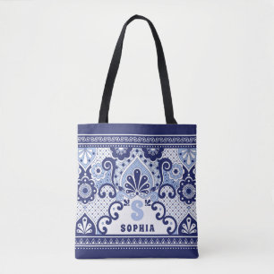 Monogram Blue and White Mexican Talavera Tile Tygkasse