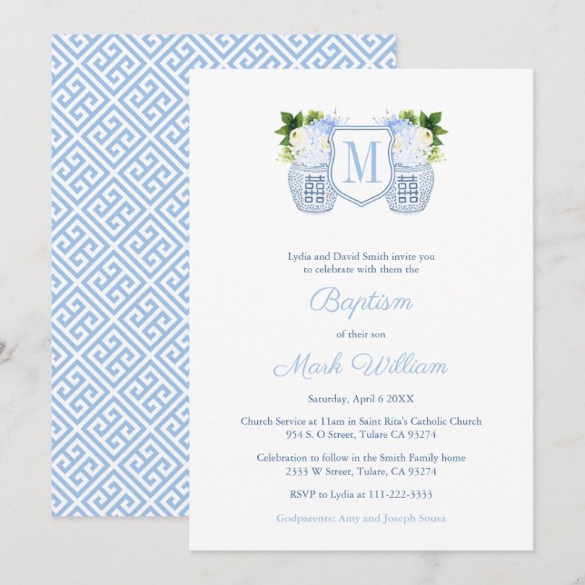 Monogram Blue and White Pojke Christening Inbjudningar (Fram/baksida)