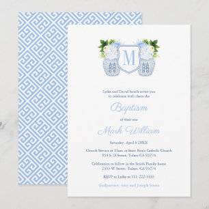 Monogram Blue and White Pojke Christening Inbjudningar