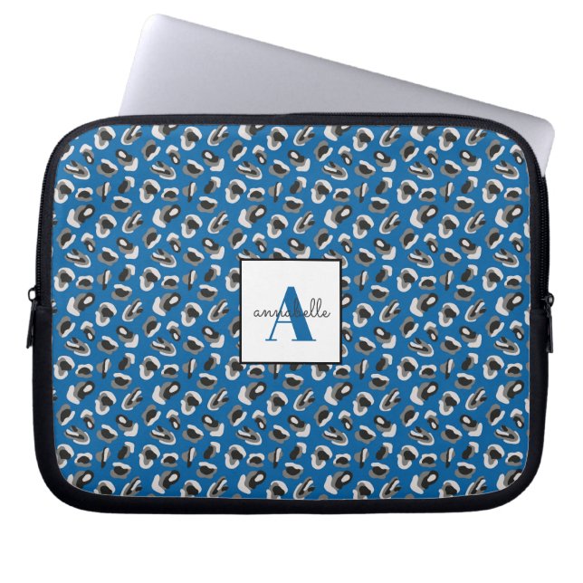 Monogram Blue Animal Leopard Skriv ut Personlig Laptop Fodral (Framsidan)