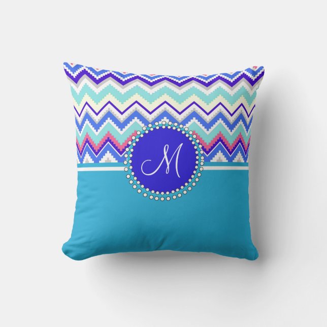 Monogram Blue Aztec Andes Chevron Zig Zags Kudde (Framsida)