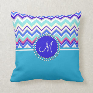 Monogram Blue Aztec Andes Chevron Zig Zags Kudde