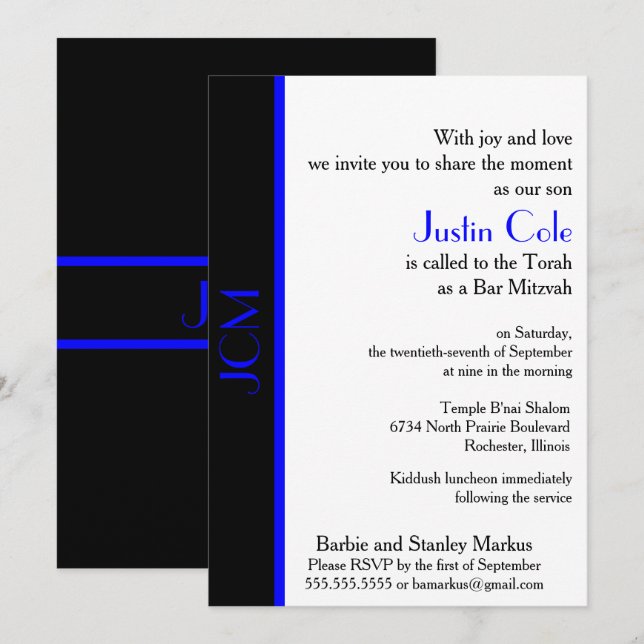 Monogram Blue Black Pub Mitzvah Inbjudningar (Fram/baksida)