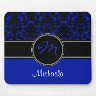 Monogram Blue Black White Damask Mousepad Musmatta