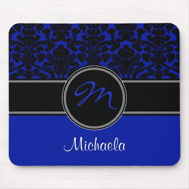 Monogram Blue Black White Damask Mousepad Musmatta (Framsidan)