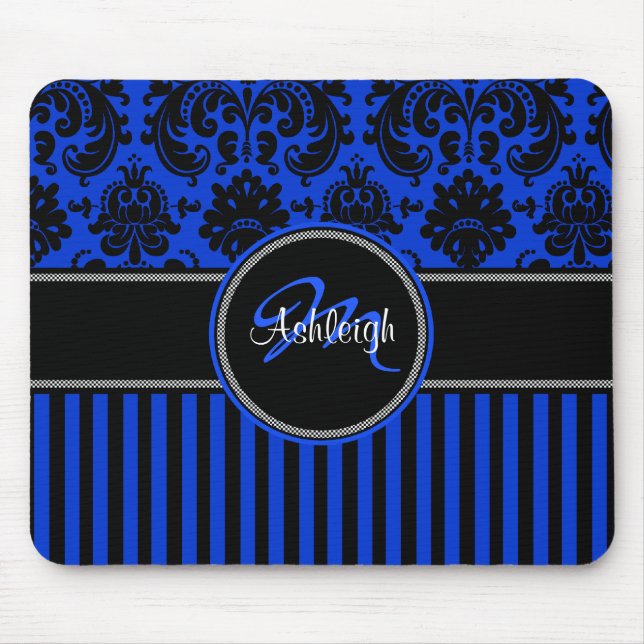 Monogram Blue Black White Rand Damask Mousepad Musmatta (Framsidan)