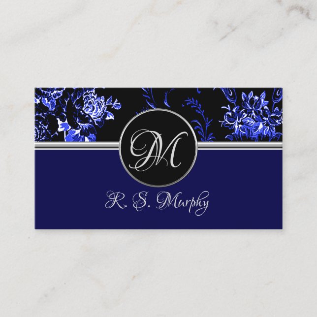Monogram Blue Blommigt Affärskort 2 Visitkort (Framsida)
