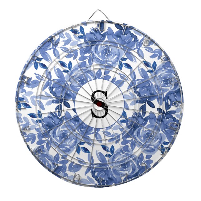 Monogram Blue Blommigt Botanical Mönster Dartboard Darttavla (Framsidan)