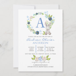 Monogram Blue Blommigt Greenery Baptism Boy Inbjudningar