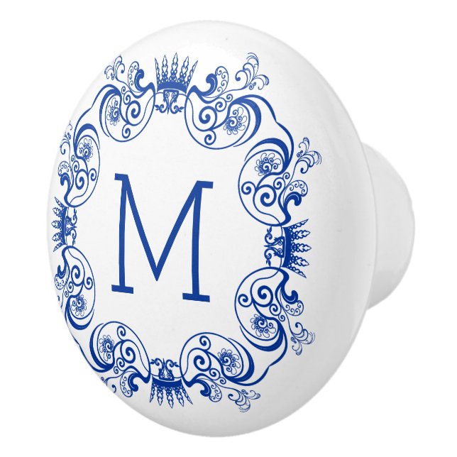 Monogram Blue Blommigt Orante Circle Grame Knopp (Höger)