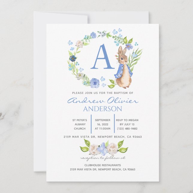 Monogram Blue Blommigt Peter Rabbit Baptism Boy   Inbjudningar (Framsida)