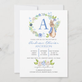 Monogram Blue Blommigt Peter Rabbit Baptism Boy Inbjudningar