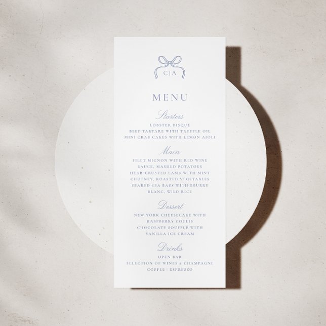 Monogram Blue Bow Wedding Menu Card Inbjudningar (Skapare uppladdad)