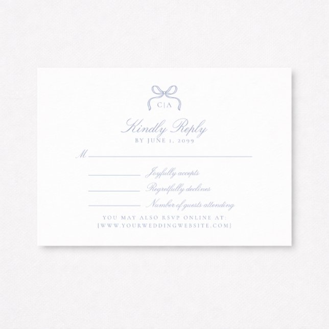 Monogram Blue Bow Wedding RSVP Card OSA Kort (Skapare uppladdad)