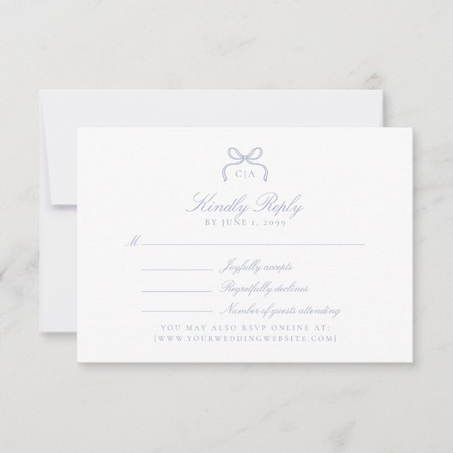 Monogram Blue Bow Wedding RSVP Card OSA Kort (Framsida)