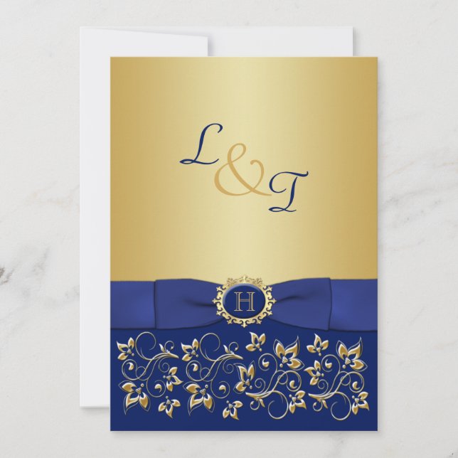 Monogram Blue, Bröllbjudan till Rulla i Guld Blomm Inbjudningar (Framsida)