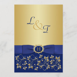 Monogram Blue, Bröllbjudan till Rulla i Guld Blomm Inbjudningar