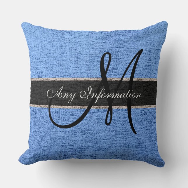 Monogram Blue Burlap Rustic Jute Kudde (Framsida)