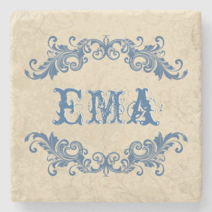 Monogram Blue & Cream Blommigt Swirl Mönster Underlägg Sten