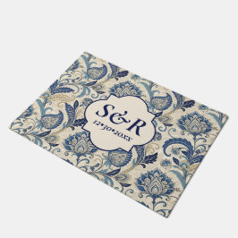 Monogram Blue & Cream Damask Blommigt Bröllop