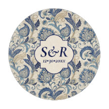 Monogram Blue & Cream Damask Blommigt Bröllop