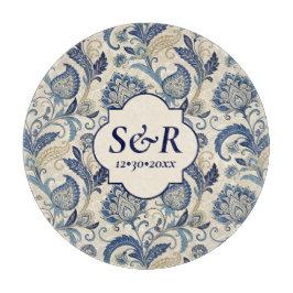 Monogram Blue & Cream Damask Blommigt Bröllop