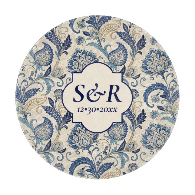 Monogram Blue & Cream Damask Blommigt Bröllop (Framsidan)