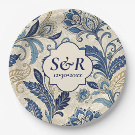 Monogram Blue & Cream Damask Blommigt Bröllop