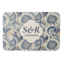 Monogram Blue & Cream Damask Blommigt Bröllop