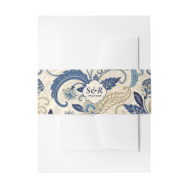 Monogram Blue & Cream Damask Blommigt Bröllop Band För Inbjudningskort