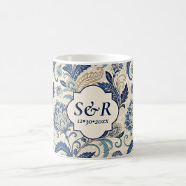 Monogram Blue & Cream Damask Blommigt Bröllop Kaffemugg