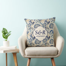 Monogram Blue & Cream Damask Blommigt Bröllop