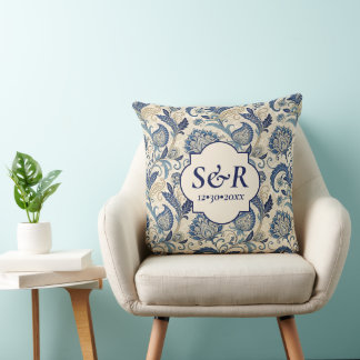 Monogram Blue & Cream Damask Blommigt Bröllop Kudde