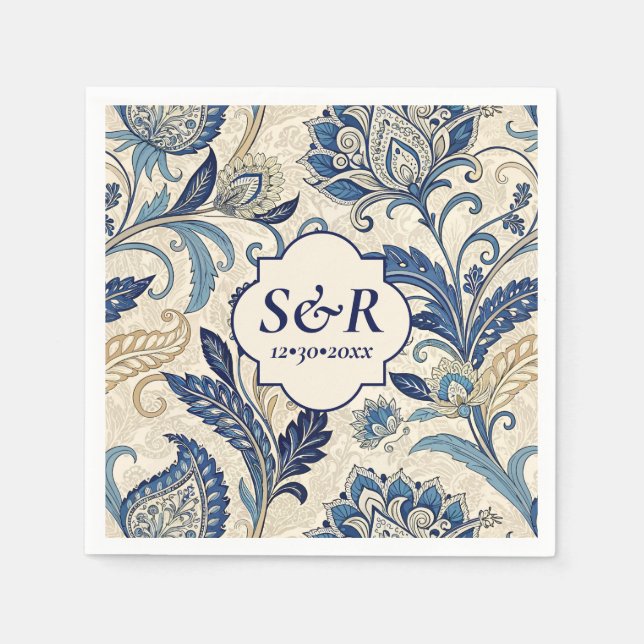 Monogram Blue & Cream Damask Blommigt Bröllop Pappersservett (Framsidan)
