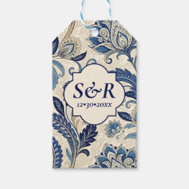 Monogram Blue & Cream Damask Blommigt Bröllop Presentetikett