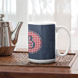 Monogram, Blue Denim Red White Check 15oz Kaffemugg