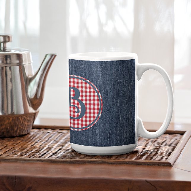 Monogram, Blue Denim Red White Check 15oz Kaffemugg (Skapare uppladdad)