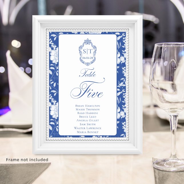 Monogram Blue Floral Script Five 8 Names Bordsnummer (Skapare uppladdad)
