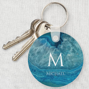 Monogram Blue Geode Initial & Namn Modern Agate Nyckelring